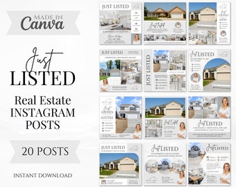 20 Just Listed Social media Posts | Realtor Instagram Post templates | Real Estate Listing Updates | Real Estate Marketing | Canva Templates