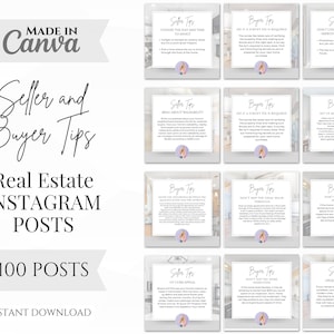 May include: A set of 100 Instagram post templates for real estate agents, featuring tips for both sellers and buyers. The templates are designed with a light gray background and feature a light purple circle with a house icon in the corner.