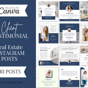 30 Kunden Testimonial Instagram Posts | Immobilienmarketing | Social Media Posts | Kundenbewertungen Vorlage | Blau und Weiß