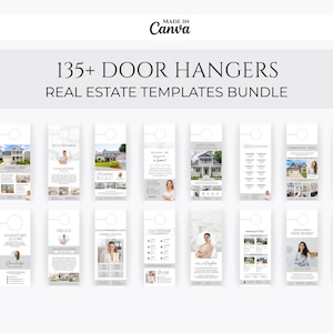 Op de afbeelding: Een digitaal pakket met meer dan 135 deurhanger-sjablonen voor onroerend goed, ontworpen in Canva. De collectie bevat diverse lay-outs met tijdelijke aanduidingen voor vastgoedfoto's, makelaarsfoto's, contactgegevens en tekst zoals Just Listed.