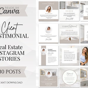 30 Kunden Testimonial Instagram Posts | Immobilienmarketing | Social Media Posts | Kundenbewertungen Vorlage | Canva Vorlagen