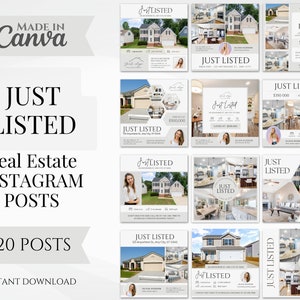 20 publicaciones en redes sociales recién publicadas / Plantillas de publicaciones de Instagram de agentes inmobiliarios / Actualizaciones de listados de bienes raíces / Marketing inmobiliario / Plantillas de Canva