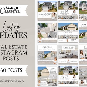 60 Real Estate Social Media Listing Update Posts | Instagram Posts | Real Estate Marketing | Open House | Just Listed | Facebook Posts Canva