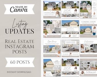 May include: A set of 60 customisable Instagram post templates for real estate agents. The templates feature a variety of designs, including photos of houses, text overlays, and graphics. The templates are designed to help real estate agents promote their listings and connect with potential clients.