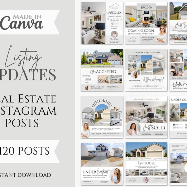 120 Real Estate Social Media Posts | Just Sold Posts | Under Contract Posts | Just Listed Posts | Open House posts | Real Estate Marketing
