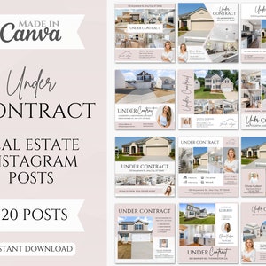 May include: A set of 20 Instagram post templates for real estate agents. The templates feature a pink and white color scheme with the text "Under Contract" and images of houses. The templates are designed to be used to promote listings and generate leads.