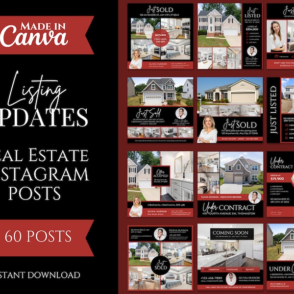 60 Real Estate Social Media Listing Update Posts | Instagram Posts | Real Estate Marketing | Open House | Just Listed | Red And Black