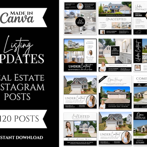 120 Real Estate Listing Update Social Media Posts | Real Estate Marketing | Just Listed Posts | Under Contract Posts | Black and White