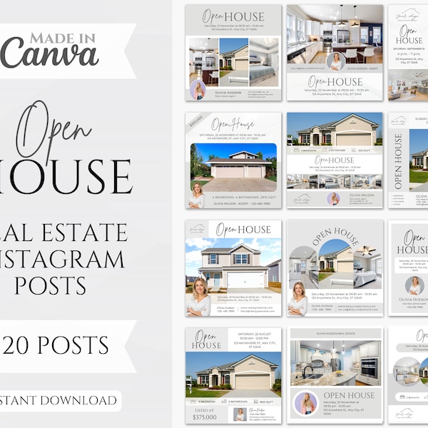 20 Open House Social Media Posts | Realtor Instagram Post templates | Open House Instagram Posts | Real Estate Marketing | Canva Templates