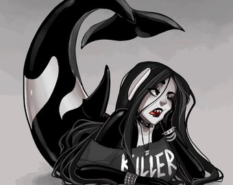 May include: A black and white orca tail with a woman with long black hair wearing a black shirt with the word "KILLER" on it. She is wearing a silver necklace and bracelets.
