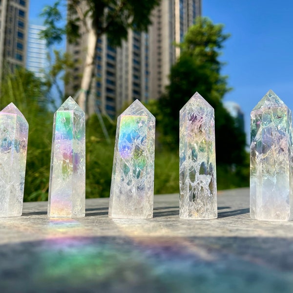 Aura Fire and Ice Crystal Tower Crackle Quartz,Healing Home Decor Gift