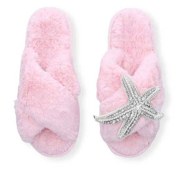 Faux fur slipper customized accessories Sea star, warm slippers , Wedding day Gift , Her Birthday ,bridal fluffy slipper, home slipper