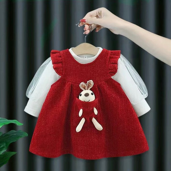 Winter toddler red dress, girly bunny dress ,red toddler dress, toddler dress, baby party outfit, baby girl fancy dress, girl Elegant dress