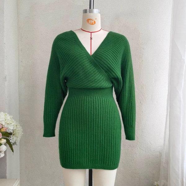 V-Neck long Sleeve knit Dress, Sweater Dress, Mini Sweater Dress, Elegant Mini Dress, Autumn Winter Dress Black Sweater Dress, knitted dress