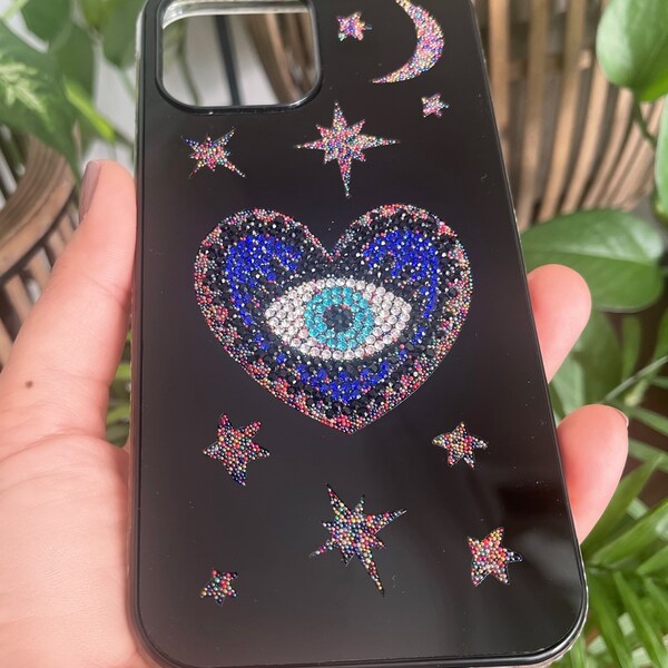 Evil Eye phone cover, phone case for iPhone 12 ,12pro,12 pro max, iPhone 13, 13pro, 13 pro max, heart phone case, luxury phone case, glitter