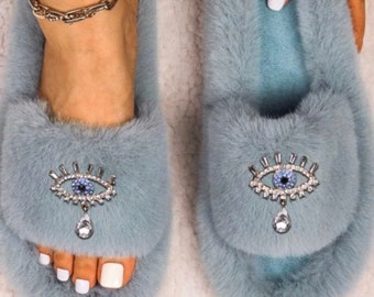 Faux fur plush slipper customized accessories evil eye wedding gift slippers,  Birthday gift for a special someone embellished slippers