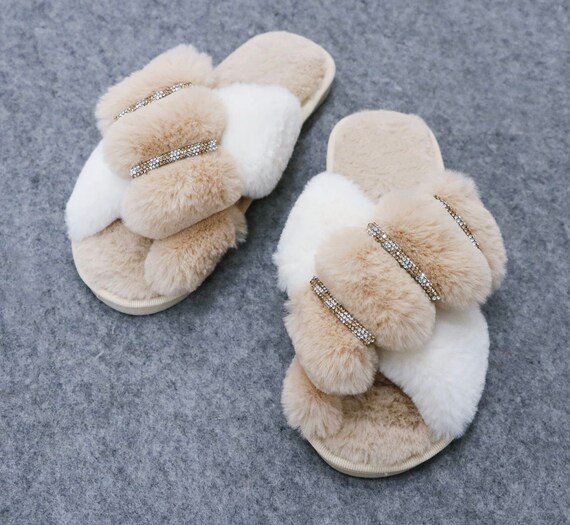 Bling Slippers Rhinestone Faux Fur Plush Slipper Wedding Gift