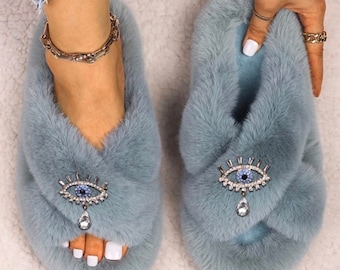 Faux fur plush slipper customized accessories evil eye wedding gift slippers  soft comfy Gift for your special someone ,embellished slippers
