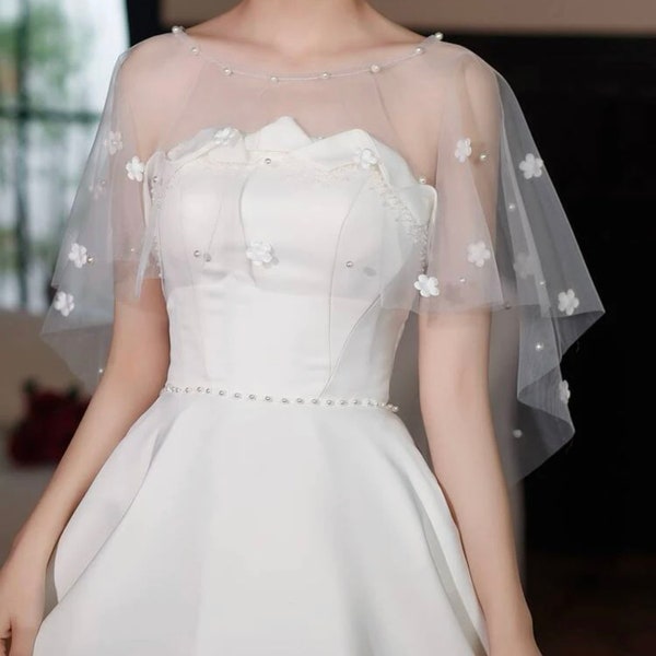 beautiful tulle pearl wedding wrap, romantic bridal shawl , White wedding cover up, wedding dress accent , Simple bridal shawl