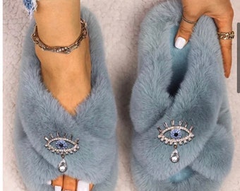 Girls Faux fur plush slipper customized accessories evil eye,Holiday gift slippers , embellished slippers