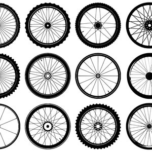 Bicycle themed vector images. 12 wheels, 6 bicycles and 6 pedal silhouettes. svg, dxf, pdf, png-file formats. Designs, cutfiles te.c