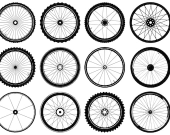 Bicycle themed vector images. 12 wheels, 6 bicycles and 6 pedal silhouettes. svg, dxf, pdf, png-file formats. Designs, cutfiles te.c