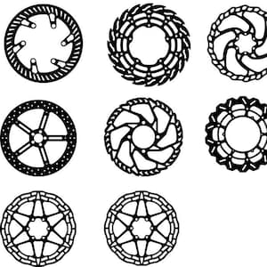 Paquete de 10 diseños de frenos de disco con temática de bicicletas dibujados en CAD. Formatos vectoriales.