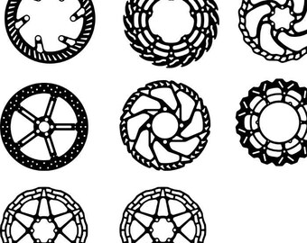 Bundle of 10 CAD drawn-bicycle themed disc brake designs. Vector formats.