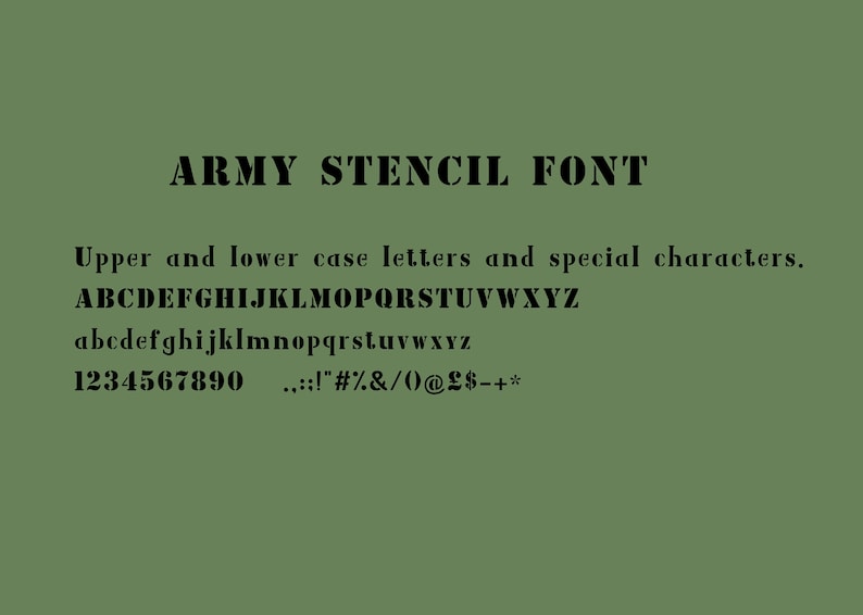 Army Stencil Font. Upper and Lower Case Letters, Numbers and Special