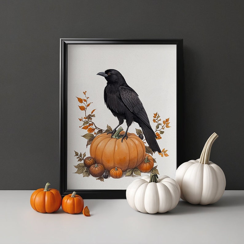 Black Crow Perching on a Pumpkin Art Print | Digital Print, Watercolor ...