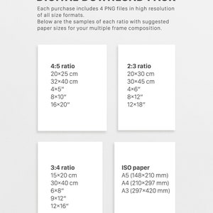 May include: A digital download pack for printable art featuring four different aspect ratios: 4:5, 2:3, 3:4, and ISO paper sizes. The image shows the dimensions in both centimeters and inches.