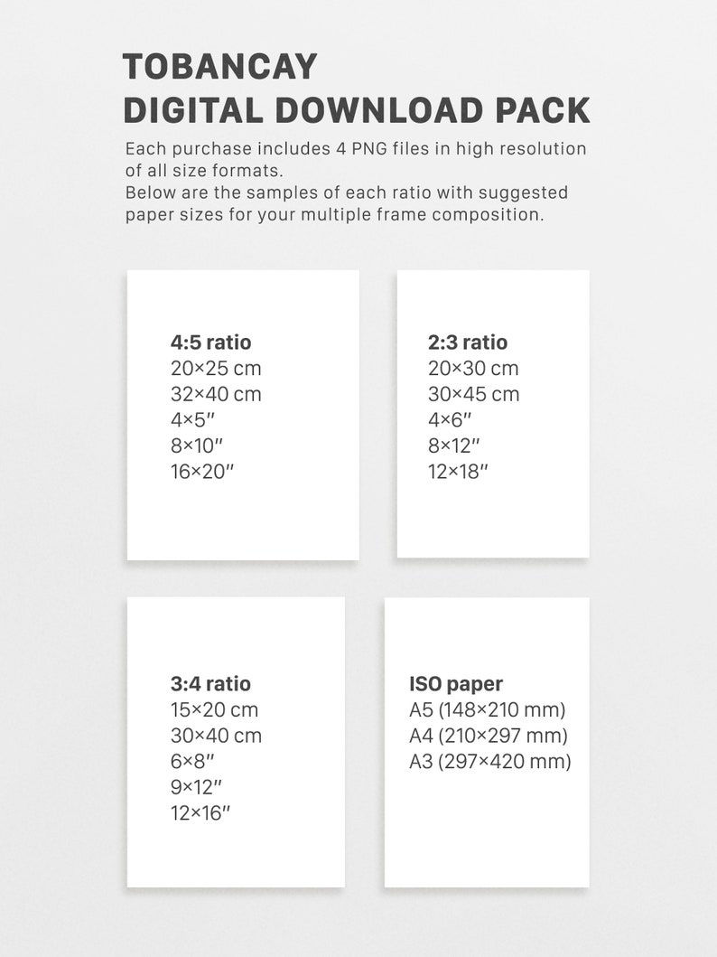 May include: A digital download pack for printable art featuring four different aspect ratios: 4:5, 2:3, 3:4, and ISO paper sizes. The image shows the dimensions in both centimeters and inches.