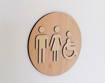 Pictogramme WC avec PMR, Signalétique Bois, Panneau de toilette, Homme et Femme, Icone en bois pour porte