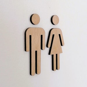 Toilet pictogram, Wooden signage, Restroom sign, Men and Women, Wooden icon for door