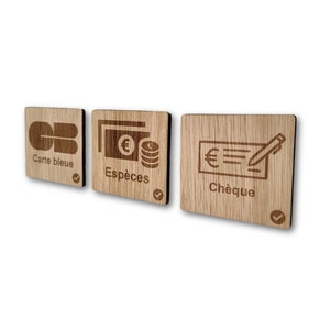 Pictogramme CB, Espèces et Chèque en gravure, Signalétique Bois, Panneau d'information, Icone ou affiche en bois rectangulaire