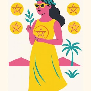 Peut inclure: Illustration de la carte de tarot des Neuf de deniers. Une femme en robe jaune et lunettes de soleil tient une brindille et un pentacle. Neuf pentacles jaunes l'entourent. La carte pr&eacute;sente une sc&egrave;ne de d&eacute;sert et un palmier.
