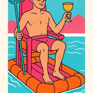 Peut inclure: Illustration de la carte de tarot du Roi de Coupes. Une personne avec une couronne et des lunettes est assise sur une chaise rose sur un radeau orange, tenant un trident et une coupe dor&eacute;e. Le texte "KING OF CUPS" est en bas.