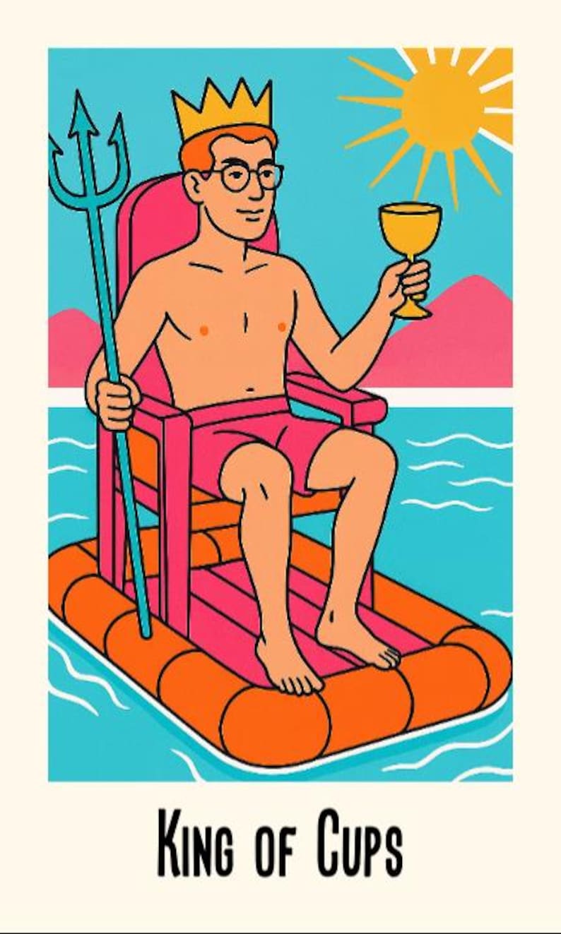 Peut inclure: Illustration de la carte de tarot du Roi de Coupes. Une personne avec une couronne et des lunettes est assise sur une chaise rose sur un radeau orange, tenant un trident et une coupe dor&eacute;e. Le texte "KING OF CUPS" est en bas.