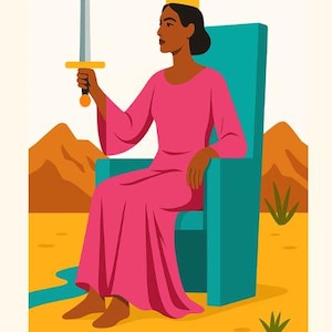 Peut inclure: Illustration de la carte de tarot de la Reine d'&Eacute;p&eacute;e. Une figure en robe rose et couronne dor&eacute;e est assise sur un tr&ocirc;ne turquoise, tenant une &eacute;p&eacute;e. L'arri&egrave;re-plan pr&eacute;sente des montagnes, des nuages et le texte "Queen of Swords".