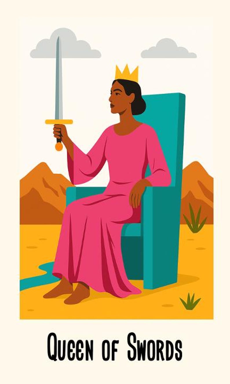 Peut inclure: Illustration de la carte de tarot de la Reine d'&Eacute;p&eacute;e. Une figure en robe rose et couronne dor&eacute;e est assise sur un tr&ocirc;ne turquoise, tenant une &eacute;p&eacute;e. L'arri&egrave;re-plan pr&eacute;sente des montagnes, des nuages et le texte "Queen of Swords".