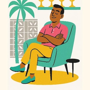 Peut inclure: Illustration d'une personne se relaxant dans un fauteuil turquoise, v&ecirc;tue d'une chemise rose et d'un pantalon jaune. Un palmier et des &eacute;tag&egrave;res avec des gobelets dor&eacute;s sont en arri&egrave;re-plan. Le texte "NINE OF CUPS" est en bas.