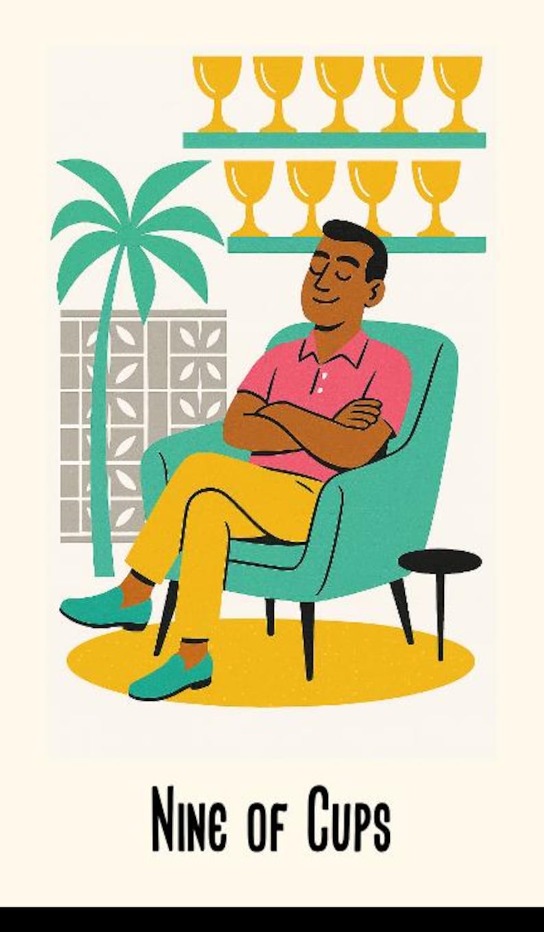Peut inclure: Illustration d'une personne se relaxant dans un fauteuil turquoise, v&ecirc;tue d'une chemise rose et d'un pantalon jaune. Un palmier et des &eacute;tag&egrave;res avec des gobelets dor&eacute;s sont en arri&egrave;re-plan. Le texte "NINE OF CUPS" est en bas.