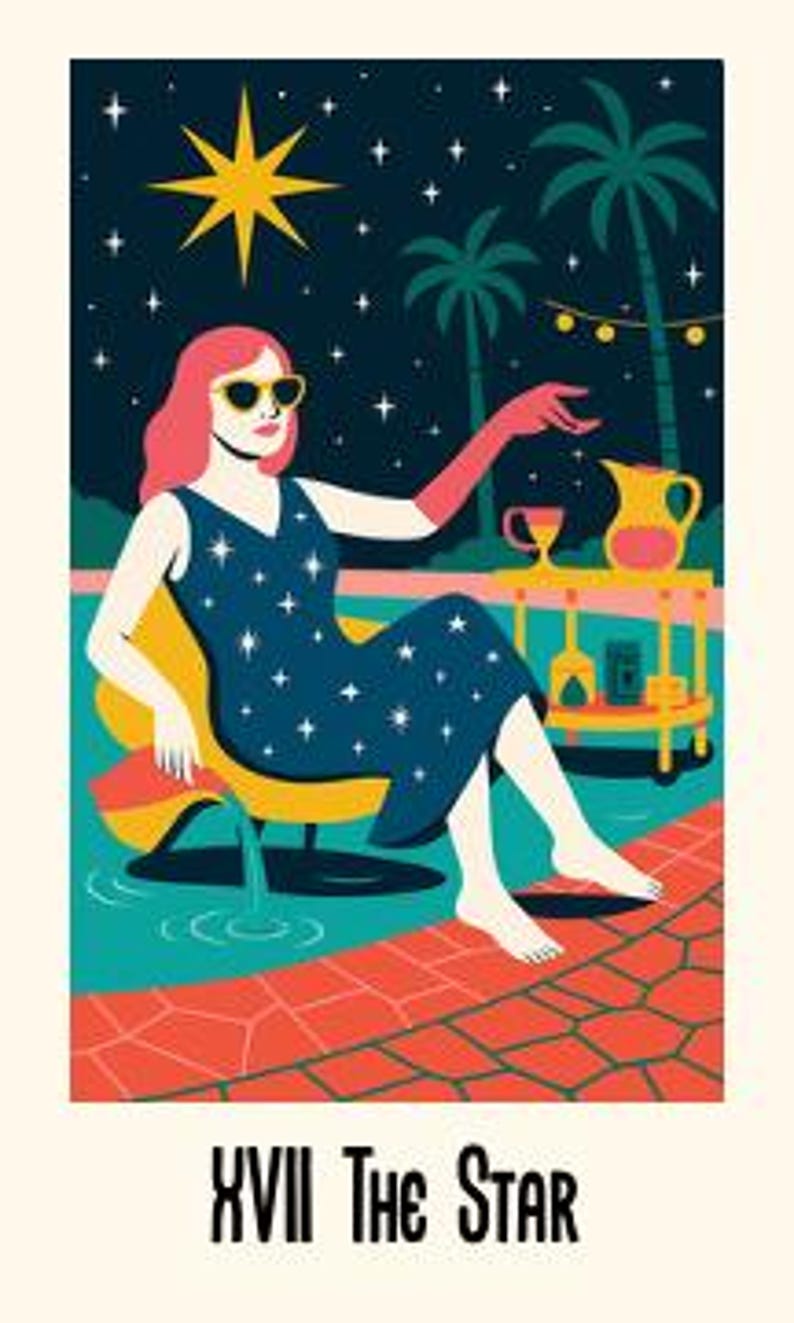 Peut inclure: Illustration stylis&eacute;e d'une femme en robe bleue &agrave; motifs d'&eacute;toiles, portant des lunettes de soleil, assise au bord d'une piscine. L'image pr&eacute;sente un ciel nocturne avec une &eacute;toile, des palmiers et une table avec un pichet et un verre. Le texte "XVII The Star" est en bas.