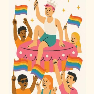Peut inclure: Illustration de la carte de tarot Six de B&acirc;tons. Une personne portant une couronne est assise sur un g&acirc;teau rose, tenant un drapeau arc-en-ciel, entour&eacute;e d'autres personnes agitant des drapeaux arc-en-ciel. Le texte "Six de B&acirc;tons" est en bas.