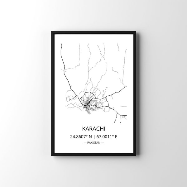 Instant Downloadable Karachi Map with Coordinates Wall Art
