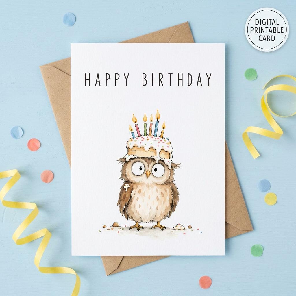 Owl Birthday Card Printable, Happy Birthday Card, Funny Owl Birthday Card, Cute Birthday Card, Owl L