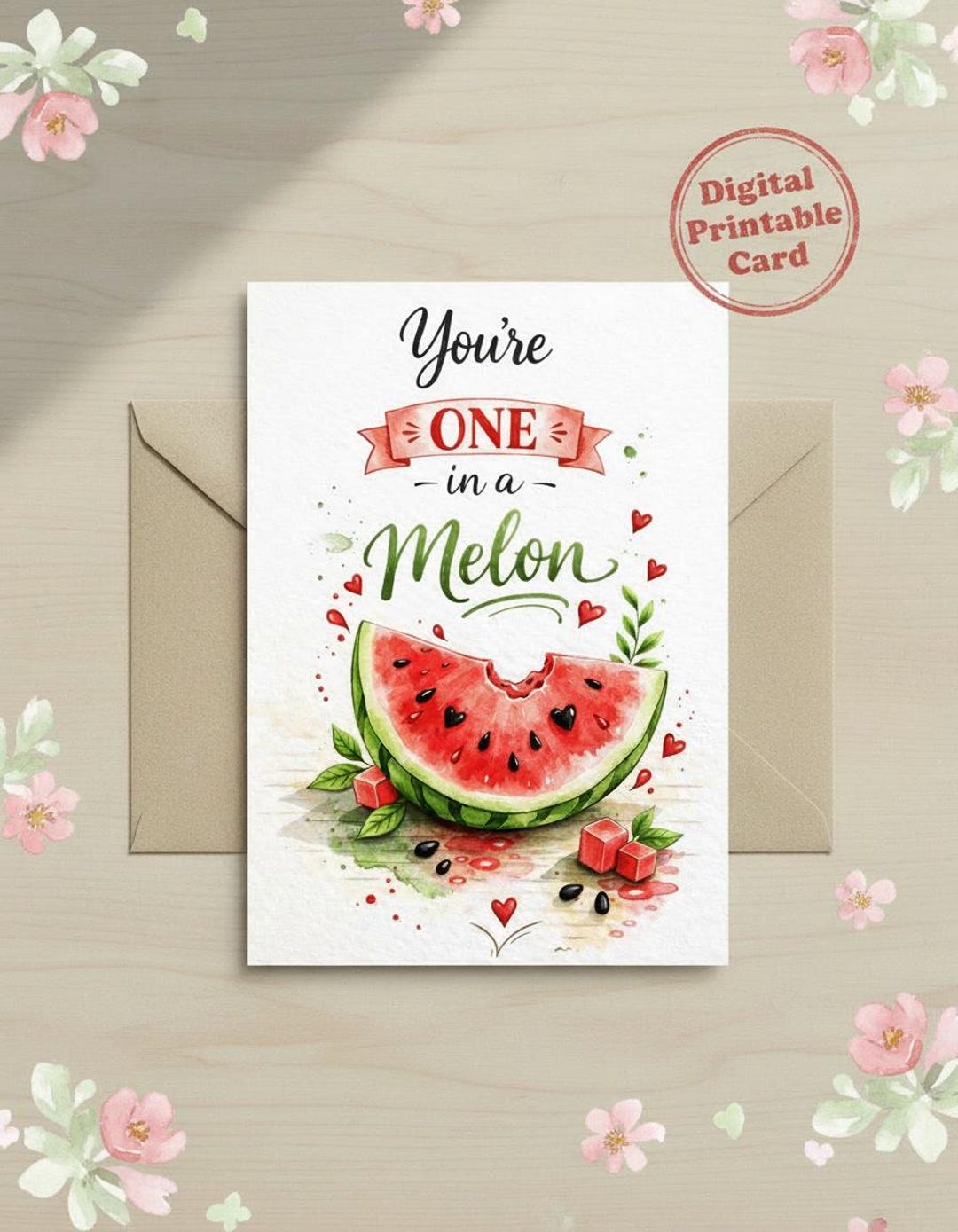 You’re One in a Melon Card Printable, Cute Romantic Love Card, Sweet ...