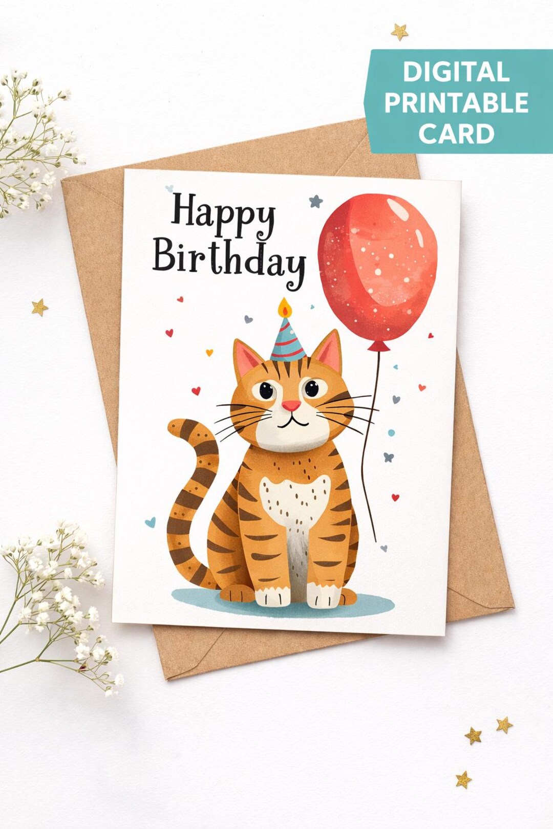 Cute Cat Happy Birthday Card Printable 5x7 – Birthday Greeting Card ...