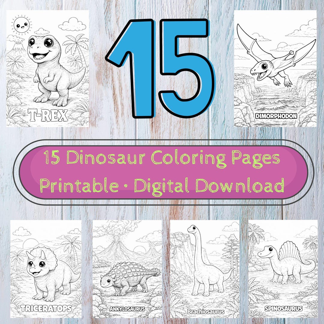 15 Dinosaur Coloring Pages for Kids, Printable Dino Sheets (digital ...