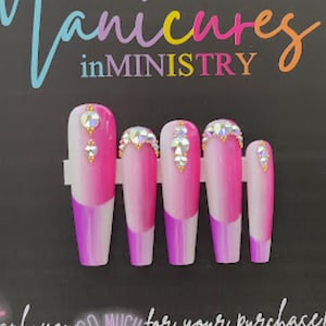 Vertical Ombre Press Ons | Pink and Purple Nails with Gems | French Tip Ombre Nails | 2 Tone Press-ons | Gradient Reusable Fake Nails